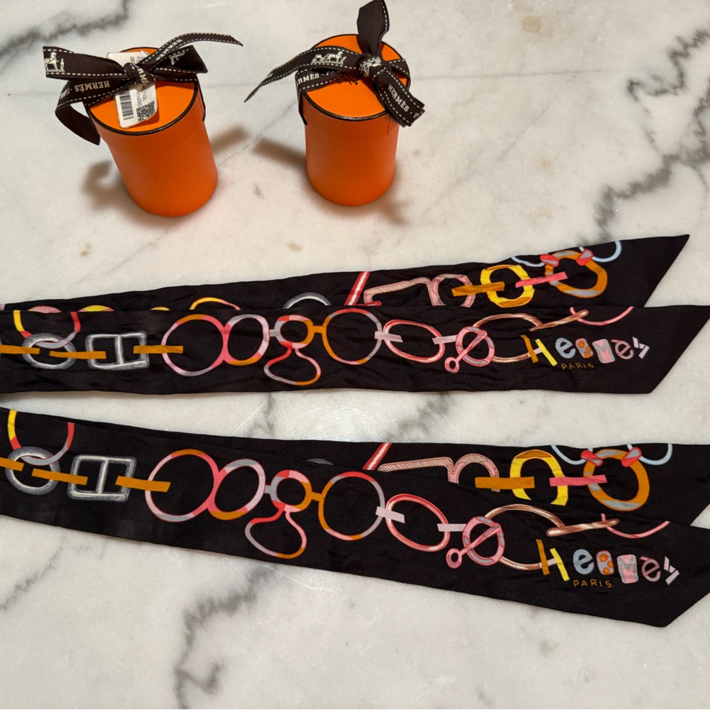 Hermes Black Silk Twilly Set of Two Do Re Boucles